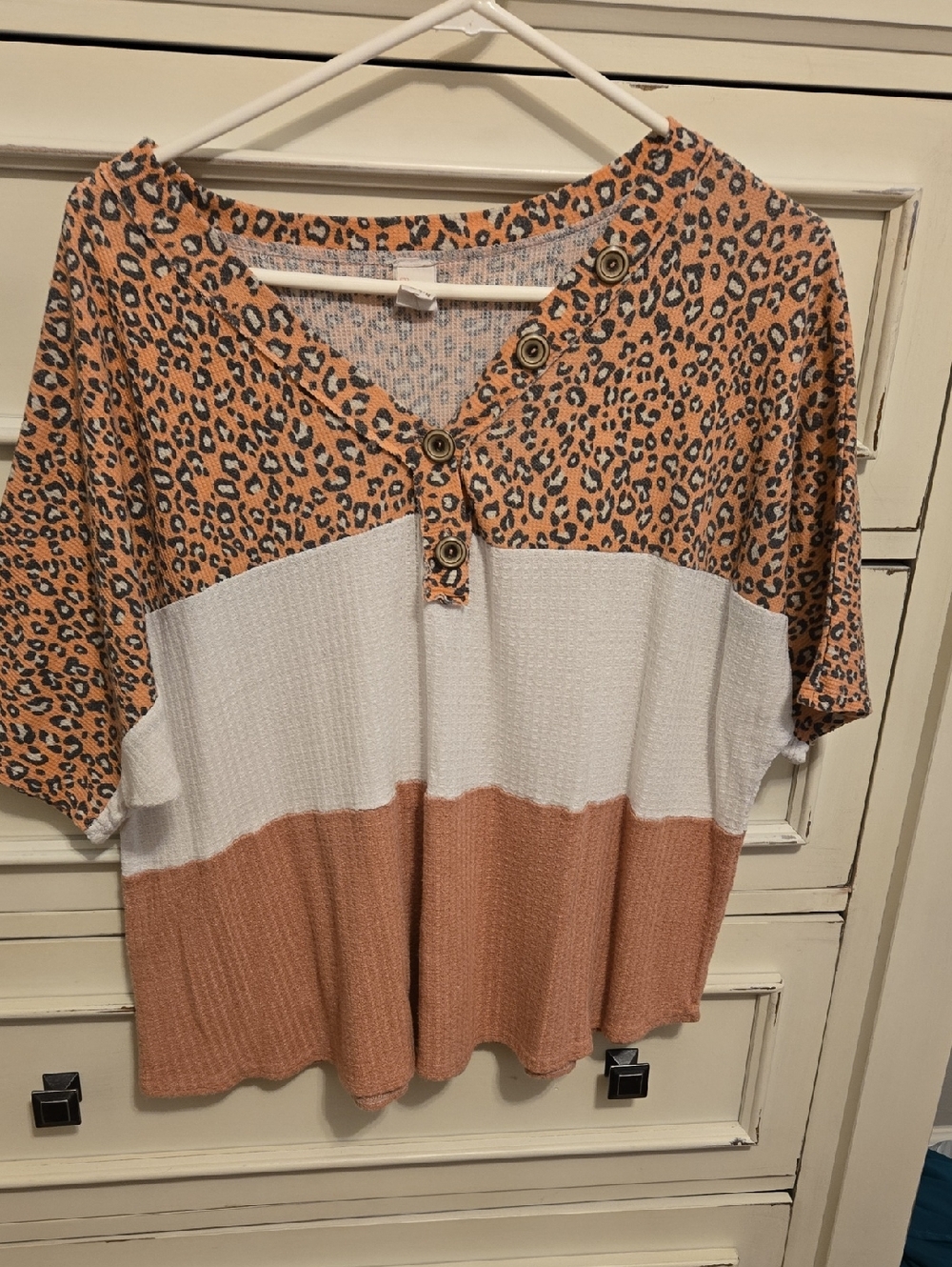 Peach and White Leopard Colorblock Henley Tee
